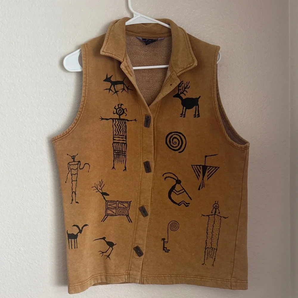 Bfofo vintage unique Tan Vest with Black Tribal Print - Picture 2 of 9
